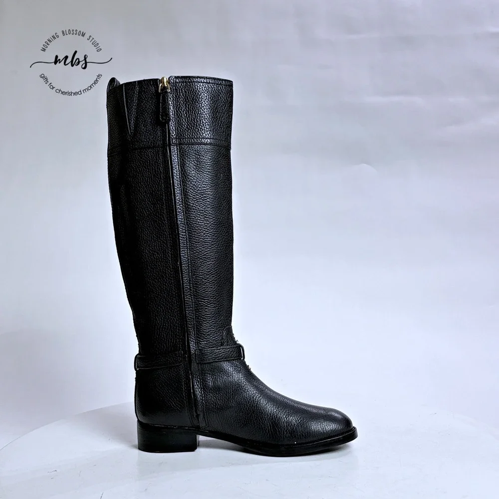 NWOT Tory Burch Thea Riding Boots Equestrian Leather Zip‎ Buckle Black Women 6.5